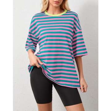 ACCPUR Women Oversized Striped Short Sleeve T-Shirts Color Block Crew Neck Basic Shirt Casual Summer Tee Tops Pink Green