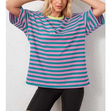 ACCPUR Women Oversized Striped Short Sleeve T-Shirts Color Block Crew Neck Basic Shirt Casual Summer Tee Tops Pink Green