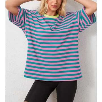 ACCPUR Women Oversized Striped Short Sleeve T-Shirts Color Block Crew Neck Basic Shirt Casual Summer Tee Tops Pink Green