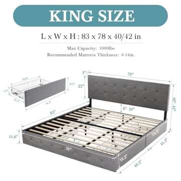 HOOMIC King Size Platform Bed Frame with 4 Storage Drawers, Adjustable Headboard with Square Stitche...