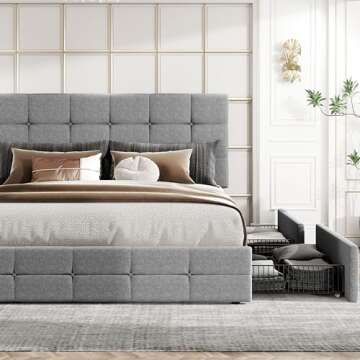 HOOMIC King Size Platform Bed Frame with 4 Storage Drawers, Adjustable Headboard with Square Stitched Button Tufted Design, Wooden Slats, No Box Spring Needed, Noise Free, Easy Assembly, Light Grey