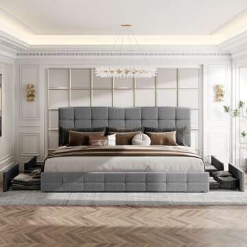 HOOMIC King Size Platform Bed Frame with 4 Storage Drawers, Adjustable Headboard with Square Stitched Button Tufted Design, Wooden Slats, No Box Spring Needed, Noise Free, Easy Assembly, Light Grey