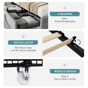 HOOMIC King Size Platform Bed Frame with 4 Storage Drawers, Adjustable Headboard with Square Stitched Button Tufted Design, Wooden Slats, No Box Spring Needed, Noise Free, Easy Assembly, Light Grey