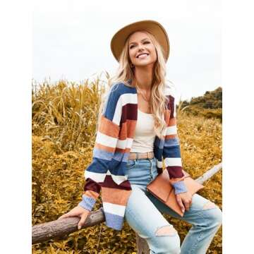 ECOWISH Cardigan Sweaters for Women Lightweight Fall Color Block Striped Long Sleeve Open Front Cozy Knitted Coats Outwear Large Pink/Peach and White