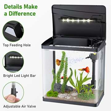 PONDON Fish Tank, 3 Gallon Glass Aquarium, 3 in 1 Fish Tank with Filter and Light, Desktop Small Fish Tank for Betta Fish, Shrimp, Goldfish (Black, 3Gallon)