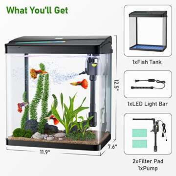 PONDON Fish Tank, 3 Gallon Glass Aquarium, 3 in 1 Fish Tank with Filter and Light, Desktop Small Fish Tank for Betta Fish, Shrimp, Goldfish (Black, 3Gallon)