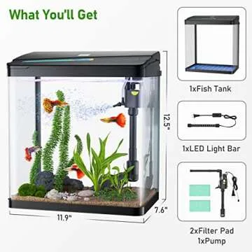 PONDON Fish Tank, 3 Gallon Glass Aquarium, 3 in 1 Fish Tank with Filter and Light, Desktop Small Fish Tank for Betta Fish, Shrimp, Goldfish (Black, 3Gallon)