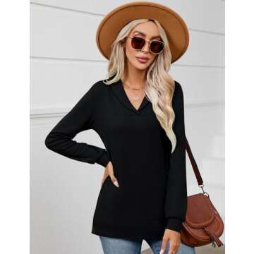 KTILG Womens Cotton V Neck Tunic for Legging with Pockets Long Sleeve Tops Collared Loose Fit Soft Casual Shirts Side Split