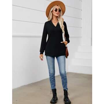 KTILG Womens Cotton V Neck Tunic for Legging with Pockets Long Sleeve Tops Collared Loose Fit Soft Casual Shirts Side Split