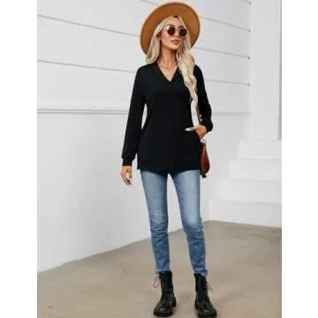 KTILG Womens Cotton V Neck Tunic for Legging with Pockets Long Sleeve Tops Collared Loose Fit Soft Casual Shirts Side Split