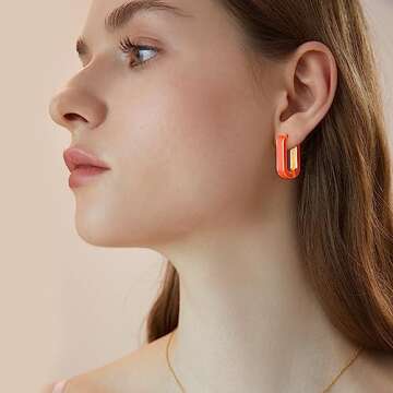 Huggie Hoop Earrings for Women, 18K Gold Plated Colorful Enamel Huggie Earrings Small Hypoallergenic Cute Jewelry Gifts (Bright Orange)