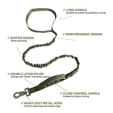 Military Dog Leash Tactical, Bungee Dog Leash with 2 Safety Control Handles, Service Dog Leash for Training,Hunting,Walking etc, Soft Padded, Shock-Absorbing, Heavy Duty Clasp
