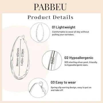 PABBEU Silver Hoop Earrings for Women, Oval S925 Sterling Silver Hoop Earrings, Lightwieght Silver B...