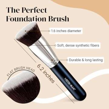 Keshima Large Flat Top Kabuki Foundation Brush - Premium Makeup Brush for Liquid, Cream, and Powder - Buffing, Blending, and Face - 1.6" Top Diameter