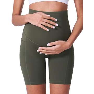 POSHDIVAH Women's Maternity Shorts Over The Belly Biker Yoga Active Pregnancy Workout Short Pants with Pockets 2PCS Black Dark Green 8" Medium