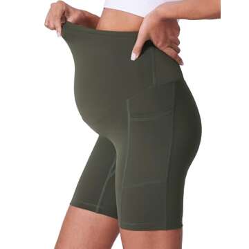 POSHDIVAH Women's Maternity Shorts Over The Belly Biker Yoga Active Pregnancy Workout Short Pants with Pockets 2PCS Black Dark Green 8" Medium