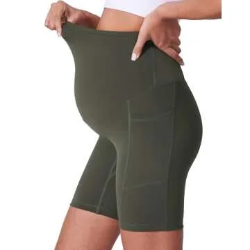 POSHDIVAH Women's Maternity Shorts Over The Belly Biker Yoga Active Pregnancy Workout Short Pants with Pockets 2PCS Black Dark Green 8" Medium