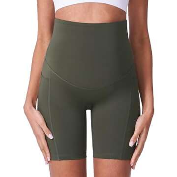 POSHDIVAH Women's Maternity Shorts Over The Belly Biker Yoga Active Pregnancy Workout Short Pants with Pockets 2PCS Black Dark Green 8" Medium