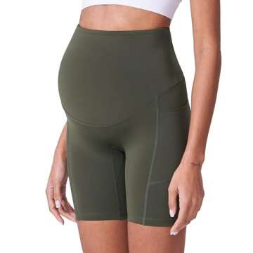 POSHDIVAH Women's Maternity Shorts Over The Belly Biker Yoga Active Pregnancy Workout Short Pants with Pockets 2PCS Black Dark Green 8" Medium