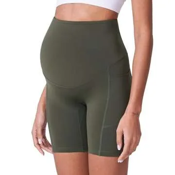 POSHDIVAH Women's Maternity Shorts Over The Belly Biker Yoga Active Pregnancy Workout Short Pants with Pockets 2PCS Black Dark Green 8" Medium