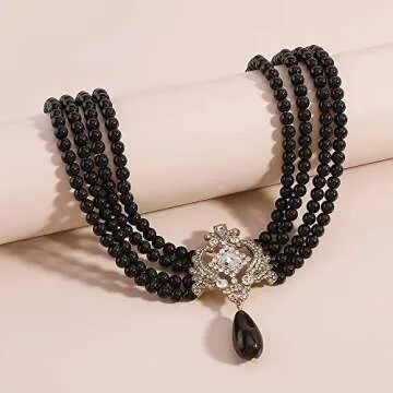 fxmimior Vintage 1920s Layered Black Pearl Choker Necklace