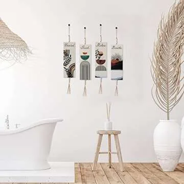 4 Pcs Boho Wall Decor Set for Bathroom, Relax Soak Unwind Breathe Bath Signs with Beads, Wood Modern Bohemian Bathroom Wall Art Decorations, Boho Chic Decor