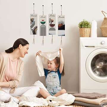 4 Pcs Boho Wall Decor Set for Bathroom, Relax Soak Unwind Breathe Bath Signs with Beads, Wood Modern Bohemian Bathroom Wall Art Decorations, Boho Chic Decor