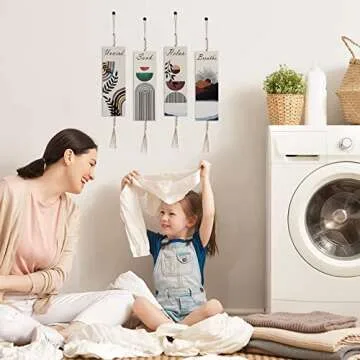 4 Pcs Boho Wall Decor Set for Bathroom, Relax Soak Unwind Breathe Bath Signs with Beads, Wood Modern Bohemian Bathroom Wall Art Decorations, Boho Chic Decor