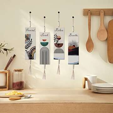 4 Pcs Boho Wall Decor Set for Bathroom, Relax Soak Unwind Breathe Bath Signs with Beads, Wood Modern Bohemian Bathroom Wall Art Decorations, Boho Chic Decor