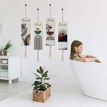 4 Pcs Boho Wall Decor Set for Bathroom, Relax Soak Unwind Breathe Bath Signs with Beads, Wood Modern Bohemian Bathroom Wall Art Decorations, Boho Chic Decor