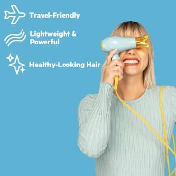 Flower Beauty Ionic Travel Dryer - Portable Professional Dryer with Two Heat Settings & Dual Voltage - Fast Drying for Smooth, Healthy, Shiny Hair - For All Hair Types