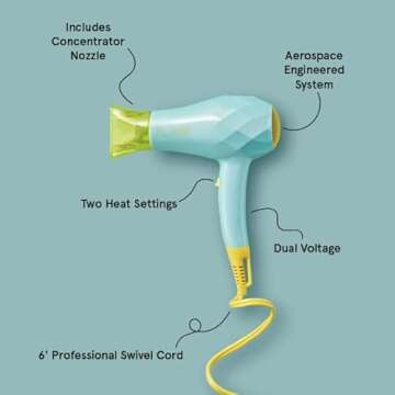 Flower Beauty Ionic Travel Dryer - Portable Professional Dryer with Two Heat Settings & Dual Voltage - Fast Drying for Smooth, Healthy, Shiny Hair - For All Hair Types