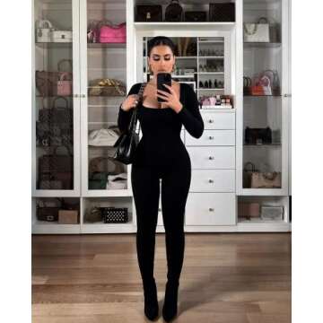 GOKATOSAU Women's Sexy Long Sleeve Bodycon Solid Outfits Club Rompers Jumpsuits Black