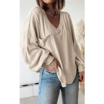 BTFBM Women's Casual V Neck Ribbed Knit Shirts 2025 Fall Pullover Tunic Tops Loose Balloon Long Slee...