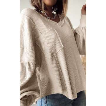 BTFBM Women's Casual V Neck Ribbed Knit Shirts 2025 Fall Pullover Tunic Tops Loose Balloon Long Sleeve Blouses Top(Solid Apricot, Large)