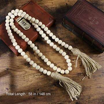 Farmhouse Big 58in Wood Bead Garland with Tassels Farmhouse Beads Rustic Country Decor Prayer Beads Wall Hanging Decor for Family and Friends Gift