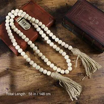 Farmhouse Big 58in Wood Bead Garland with Tassels Farmhouse Beads Rustic Country Decor Prayer Beads Wall Hanging Decor for Family and Friends Gift