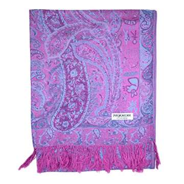 Plum Feathers Pashmina Scarf with Ethnic Tapestry Style Paisley Pattern - 67" x 28" Everyday Pashmina Travel Wrap and Shawl (Purple Tapestry)
