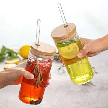 4 Set 20 OZ Drinking Glasses with Bamboo Lids and Straws, Borosilicate Glass Tumbler Cups - Tall Clear Iced Coffee Cups for Smoothie, Water, Juice, Coffee Bar Accessories - Cute Gifts, Reusable