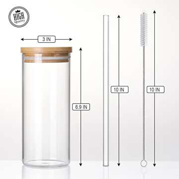 4 Set 20 OZ Drinking Glasses with Bamboo Lids and Straws, Borosilicate Glass Tumbler Cups - Tall Clear Iced Coffee Cups for Smoothie, Water, Juice, Coffee Bar Accessories - Cute Gifts, Reusable