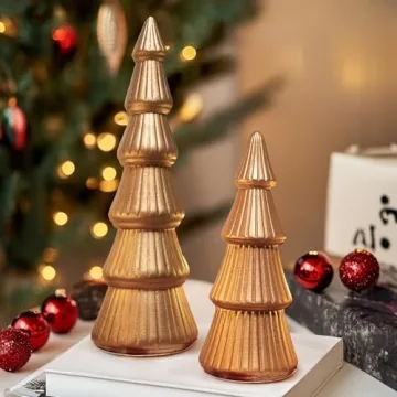 NEROSUN Wooden Christmas Tree Figurine, Set of 2 Gold Christmas Tree Decor, Christmas Tree Ornaments...