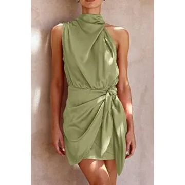 PRETTYGARDEN Women's Short Formal Satin Dress Summer Sleeveless Mock Neck Tie Waist Cocktail Party D...