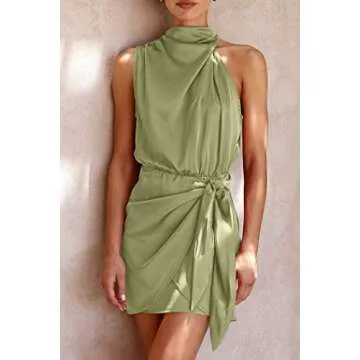 PRETTYGARDEN Women's Short Formal Satin Dress Summer Sleeveless Mock Neck Tie Waist Cocktail Party Dresses (Tender Green,Large)