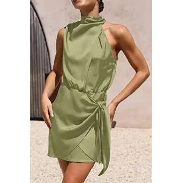 PRETTYGARDEN Women's Short Formal Satin Dress Summer Sleeveless Mock Neck Tie Waist Cocktail Party Dresses (Tender Green,Large)