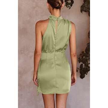 PRETTYGARDEN Women's Short Formal Satin Dress Summer Sleeveless Mock Neck Tie Waist Cocktail Party Dresses (Tender Green,Large)