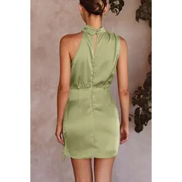 PRETTYGARDEN Women's Short Formal Satin Dress Summer Sleeveless Mock Neck Tie Waist Cocktail Party Dresses (Tender Green,Large)