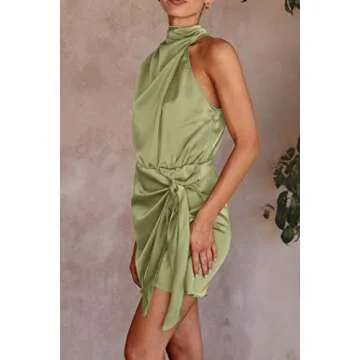 PRETTYGARDEN Women's Short Formal Satin Dress Summer Sleeveless Mock Neck Tie Waist Cocktail Party Dresses (Tender Green,Large)