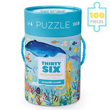 Crocodile Creek Jigsaw Puzzle in Canister, 100 Piece Table or Floor Puzzle Includes Educational Animal Finder Sheet, for Ages 5 Years and Up, Thirty-Six Ocean Animals
