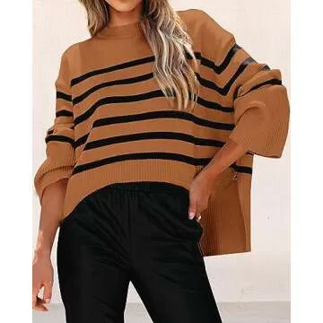 KIRUNDO Women's Striped Knit Oversized Fall Sweaters 2025 Trendy Clothes Crewneck Winter Pullover Sweater Side Split(Brown, Small)