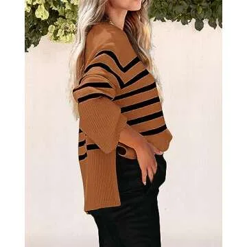 KIRUNDO Women's Striped Knit Oversized Fall Sweaters 2025 Trendy Clothes Crewneck Winter Pullover Sweater Side Split(Brown, Small)